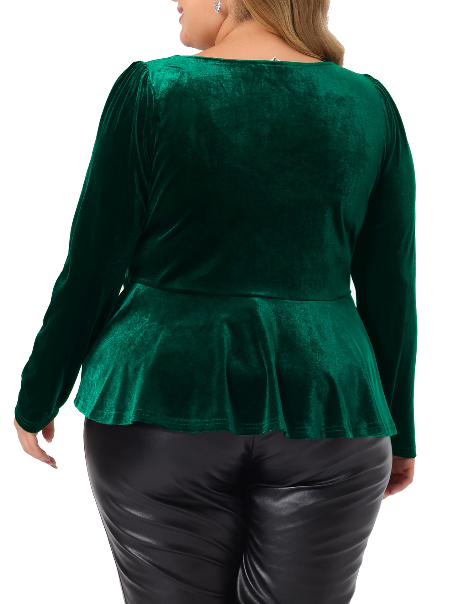 Women Plus Size Velvet Top Long Sleeve Sweetheart V Neck Peplum Blouse