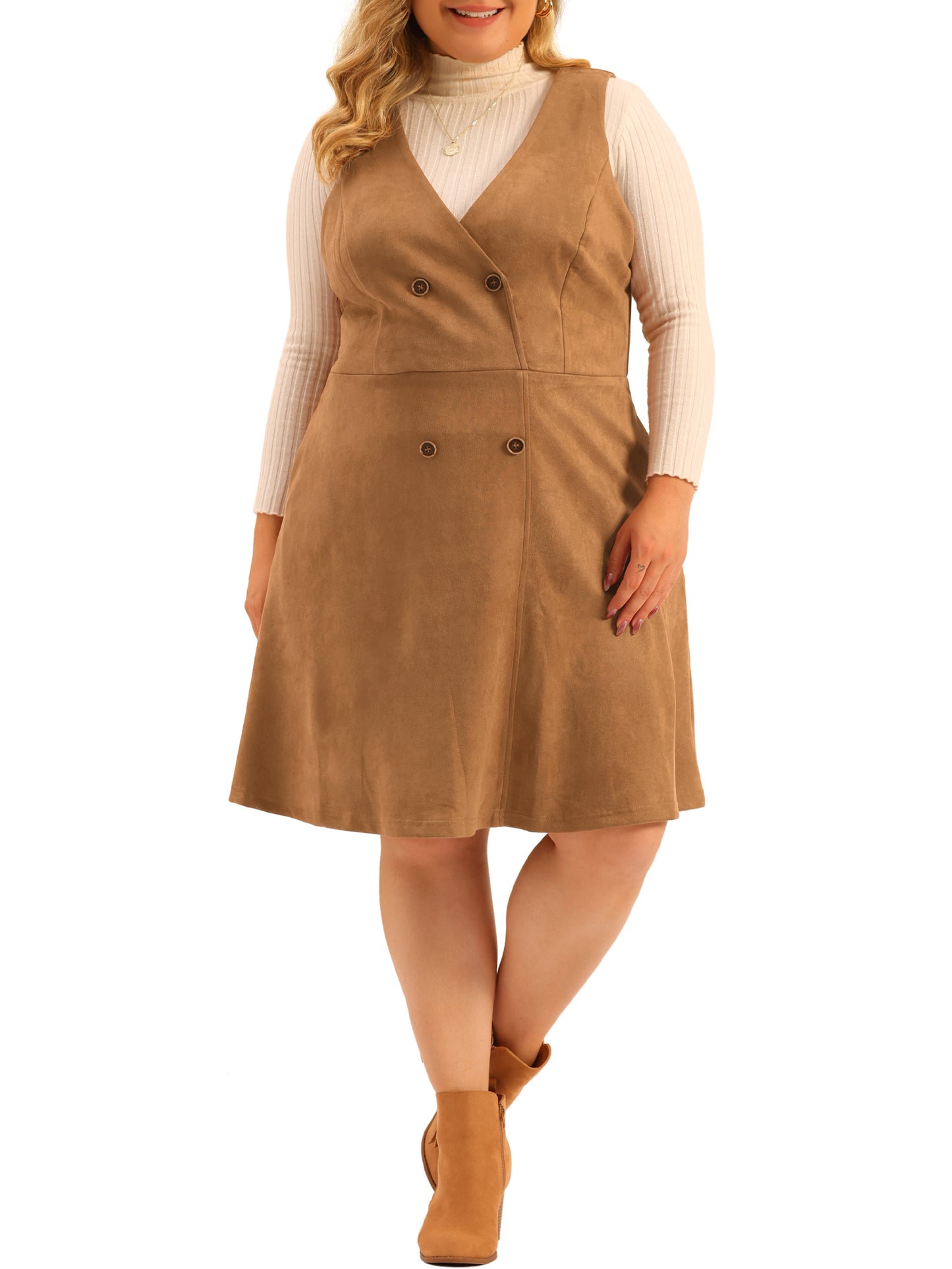 Women Plus Size Overall Dress Button Casual Faux Suede Dress