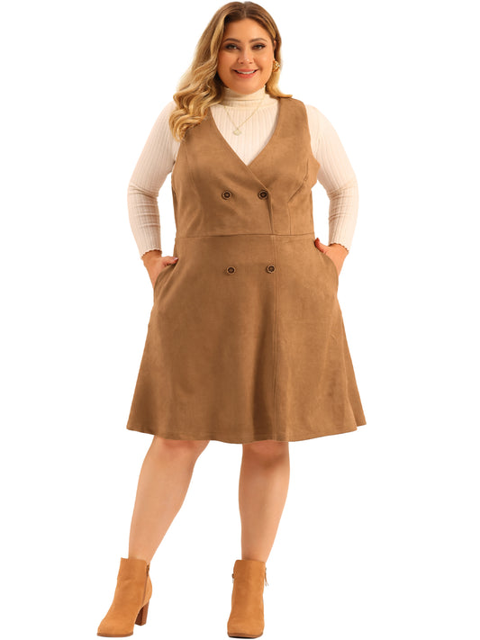 Women Plus Size Overall Dress Button Casual Faux Suede Dress