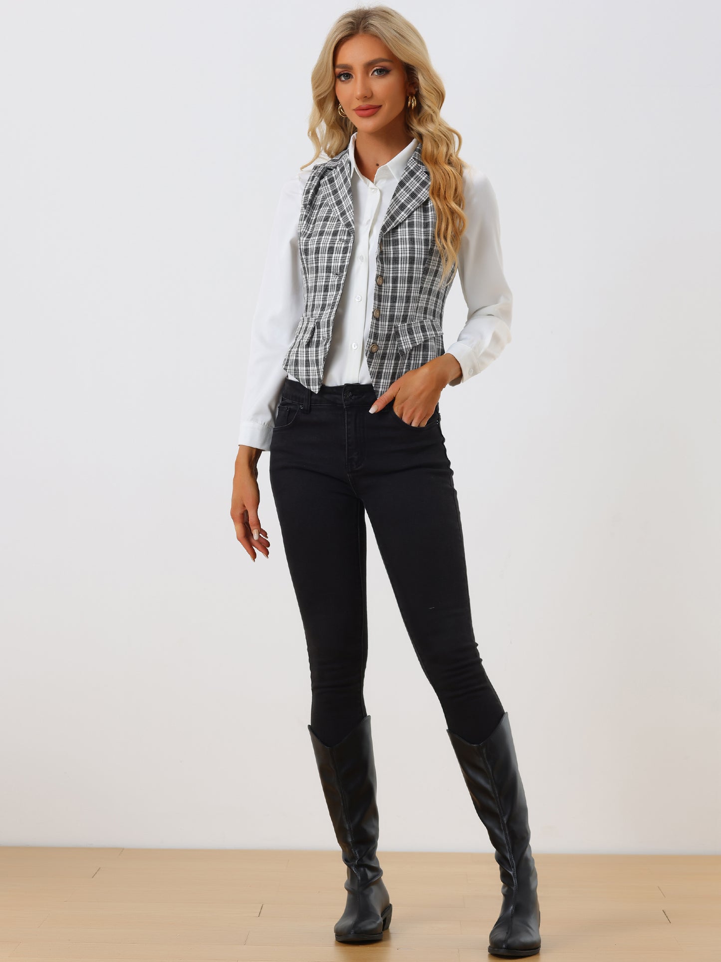 Women's Plaid Waistcoat Notched Lapel Collar Single Breasted Vintage Vest (Available in Plus Size)