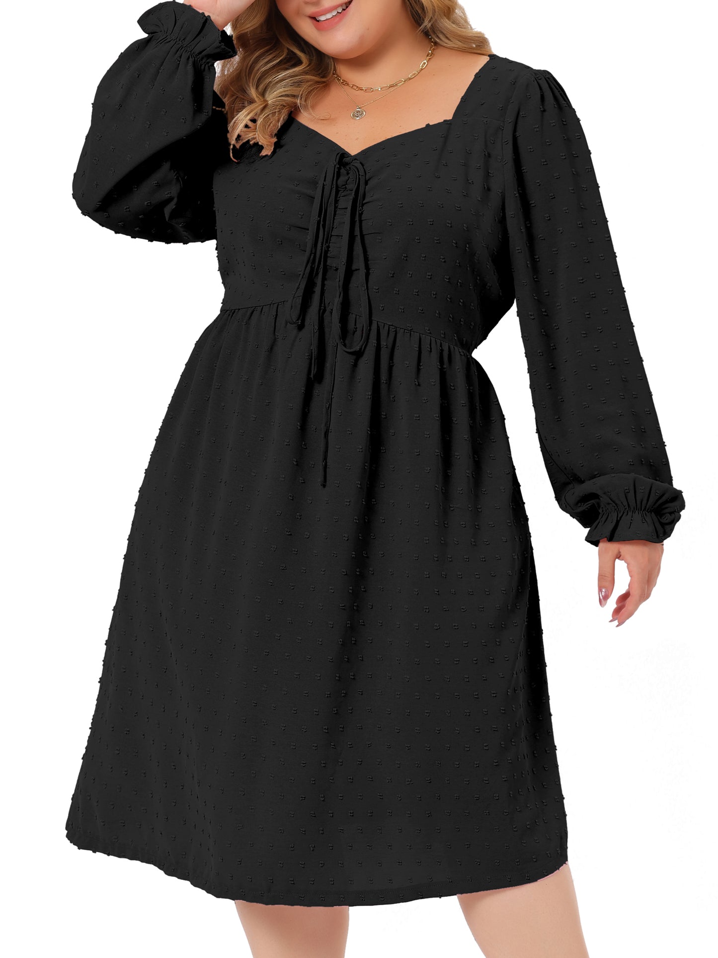 Women Plus Size Swiss Dots Dress Long Sleeve Sweetheart Neck Ruffle Tiered Midi Dress