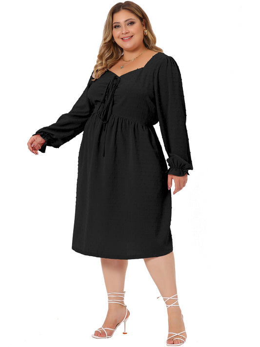 Women Plus Size Swiss Dots Dress Long Sleeve Sweetheart Neck Ruffle Tiered Midi Dress