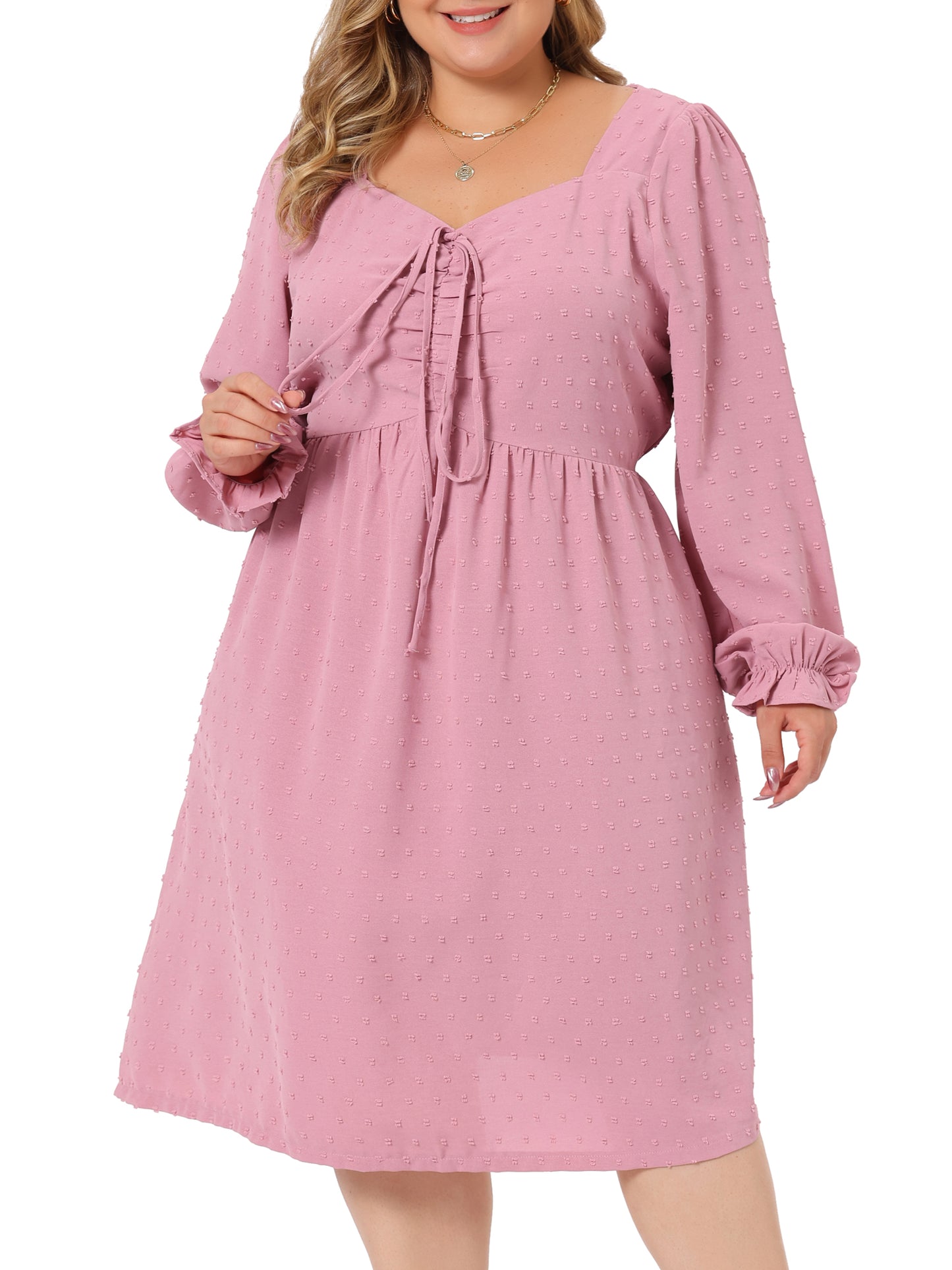 Women Plus Size Swiss Dots Dress Long Sleeve Sweetheart Neck Ruffle Tiered Midi Dress