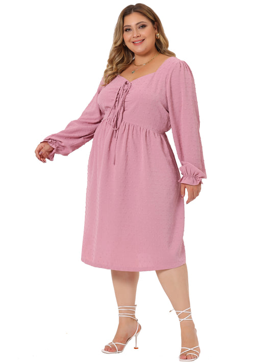 Women Plus Size Swiss Dots Dress Long Sleeve Sweetheart Neck Ruffle Tiered Midi Dress