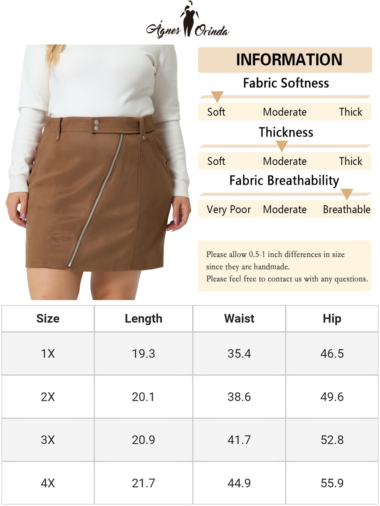 Women Plus Size Faux Suede Skirt Zipper Front Elastic Waist Mini Pencil Skirt with Pockets
