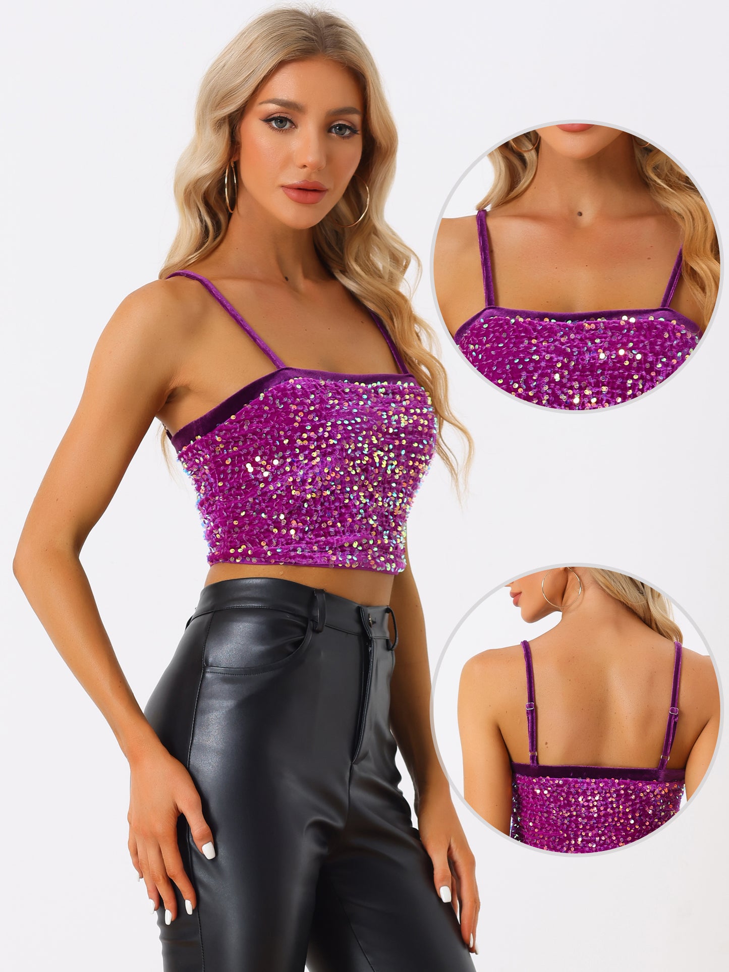 Top corto de tirantes finos de terciopelo con lentejuelas para mujer para fiesta en club