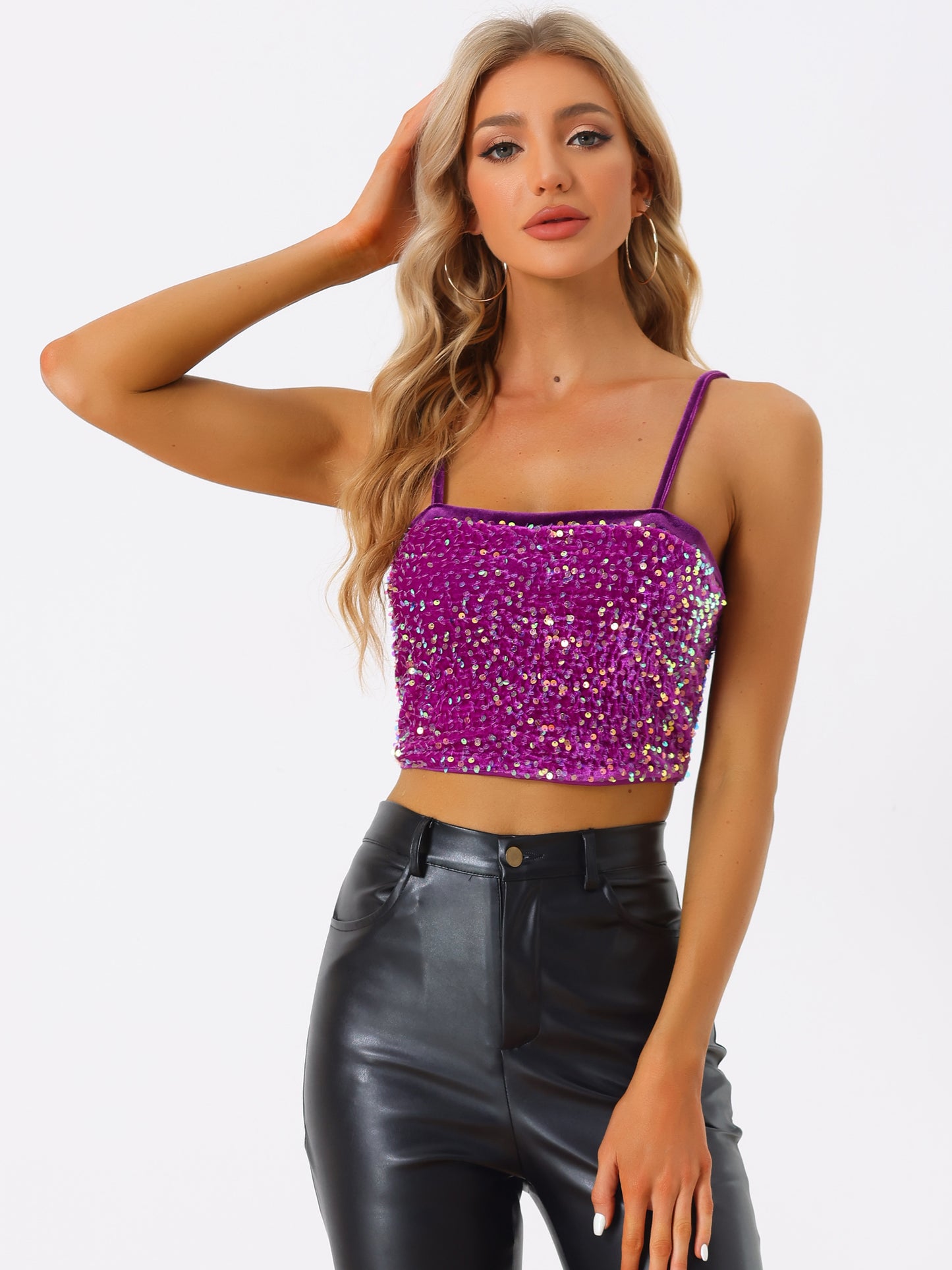 Top corto de tirantes finos de terciopelo con lentejuelas para mujer para fiesta en club