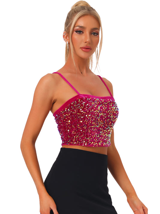 Women's Velvet Spaghetti Strap Club Party Crop Tank Sequined Cami Top