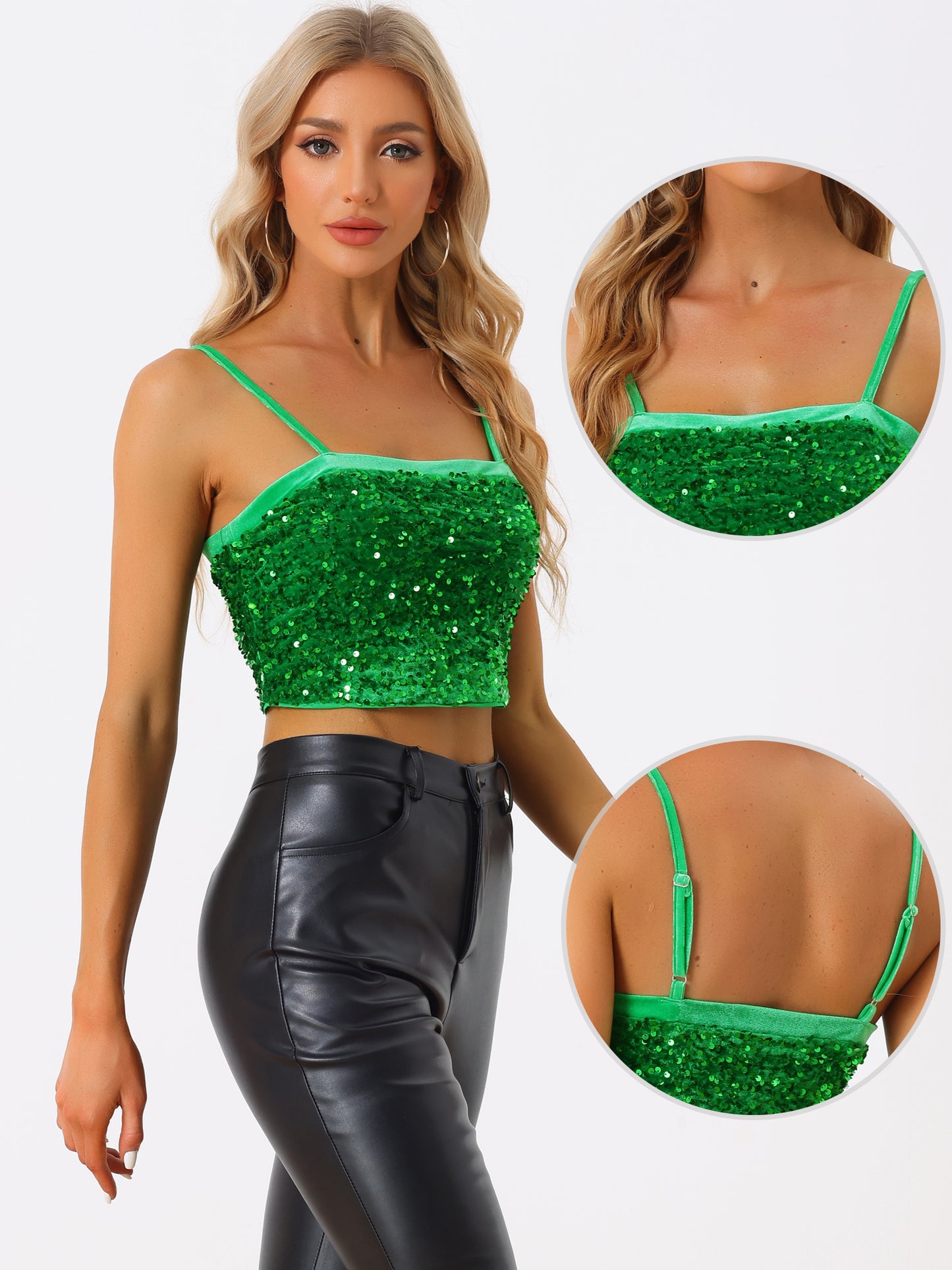 Top corto de tirantes finos de terciopelo con lentejuelas para mujer para fiesta en club