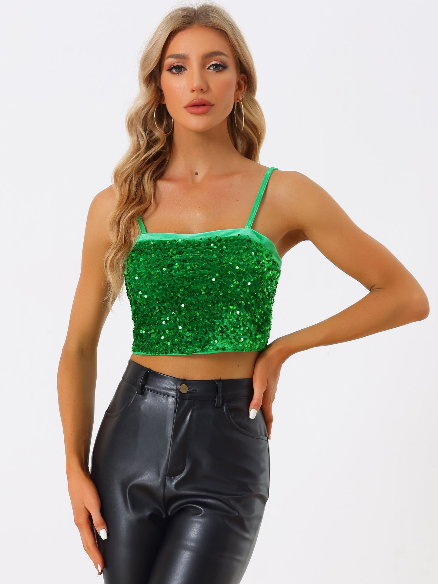 Top corto de tirantes finos de terciopelo con lentejuelas para mujer para fiesta en club