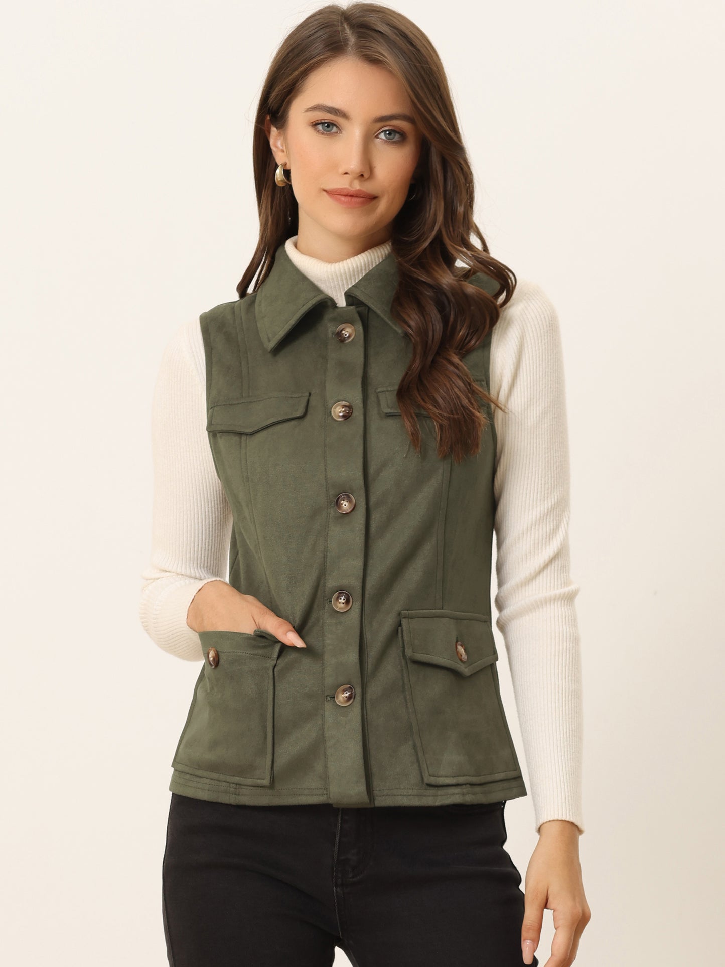 Women's Faux Suede Vest Button Down Pocket Sleeveless Fall Jacket