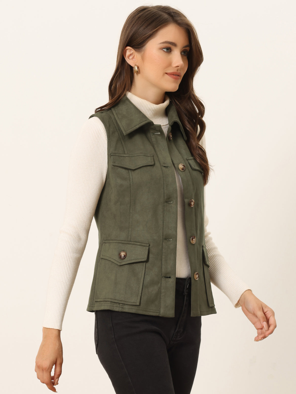 Women's Faux Suede Vest Button Down Pocket Sleeveless Fall Jacket