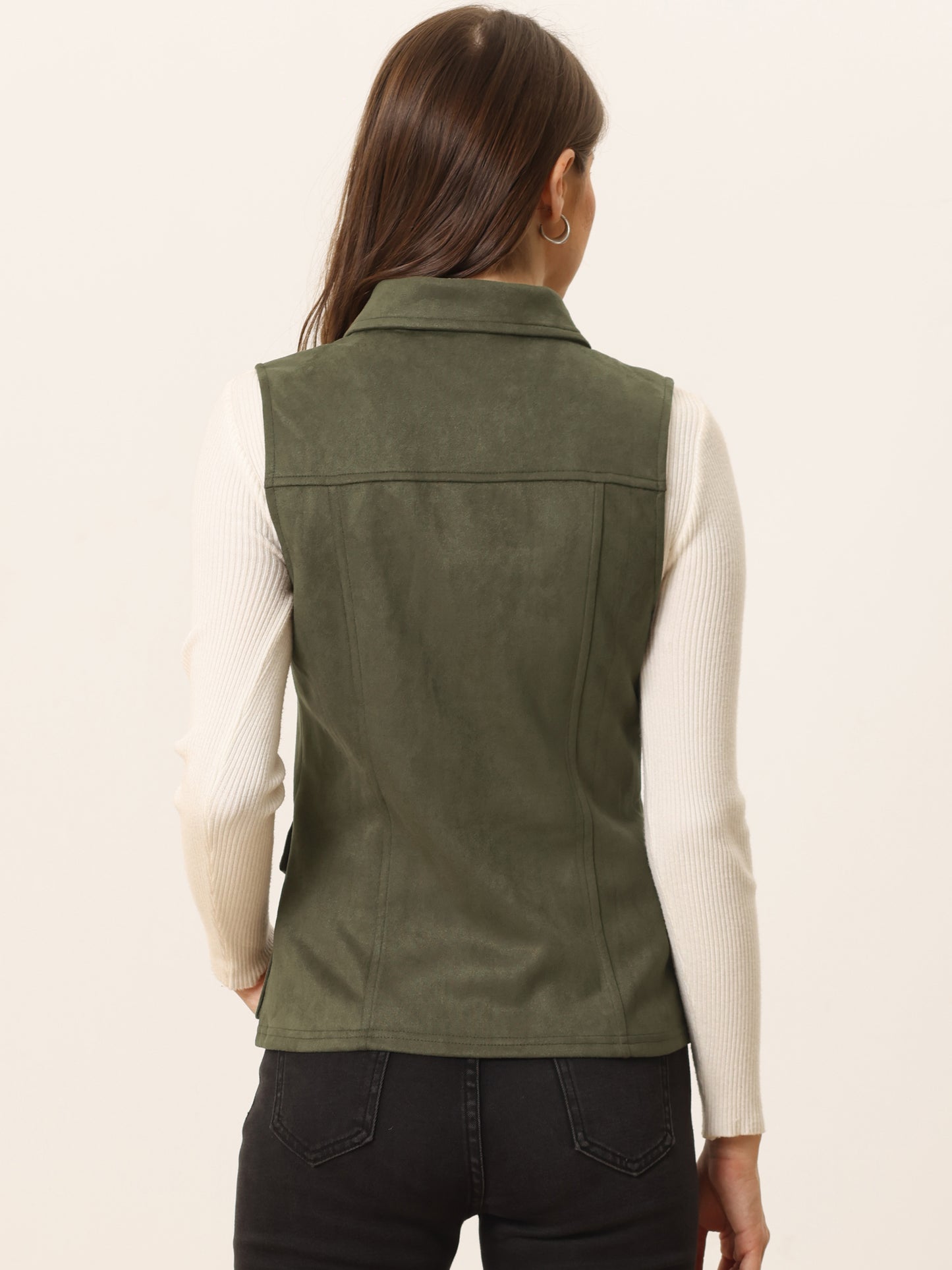 Women's Faux Suede Vest Button Down Pocket Sleeveless Fall Jacket