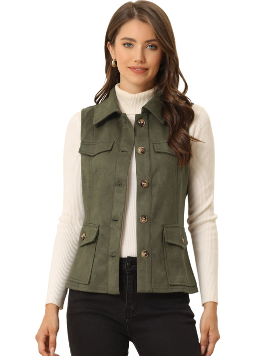 Women's Faux Suede Vest Button Down Pocket Sleeveless Fall Jacket (Available in Plus Size)