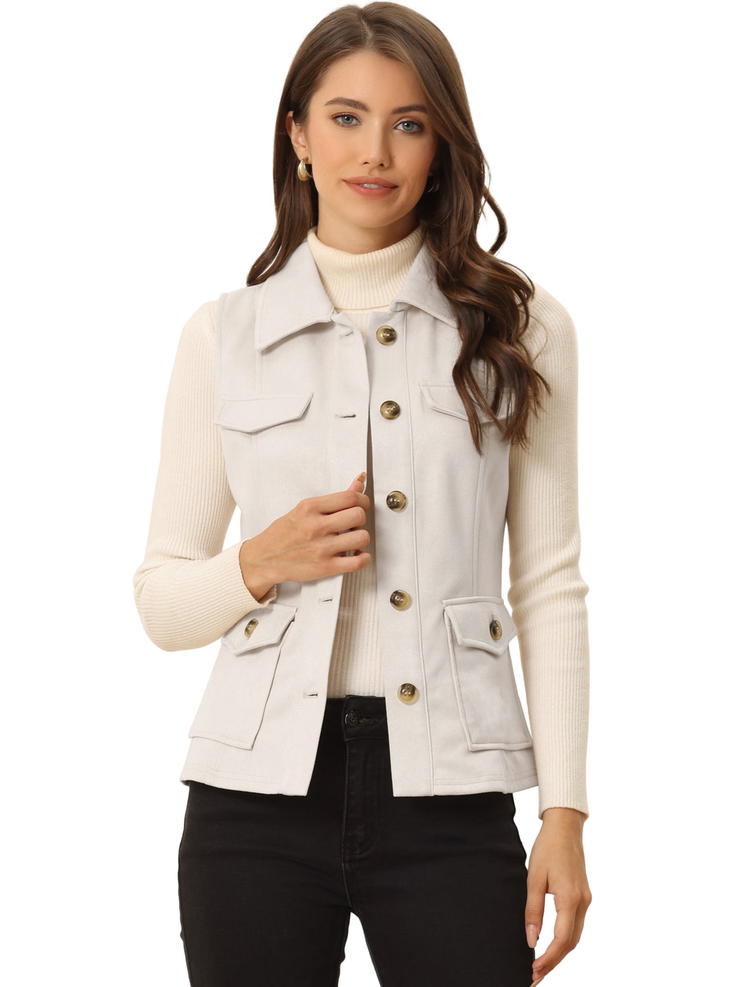 Women's Faux Suede Vest Button Down Pocket Sleeveless Fall Jacket