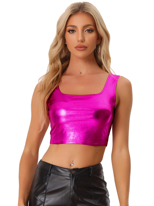 Women's U Neck Sleeveless Party Clubwear Holographic Shiny Metallic Cami Crop Top