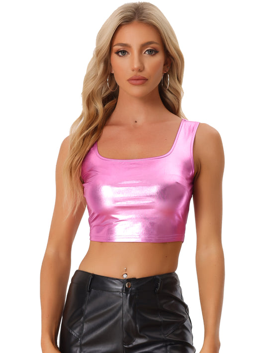 Women's U Neck Sleeveless Party Clubwear Holographic Shiny Metallic Cami Crop Top