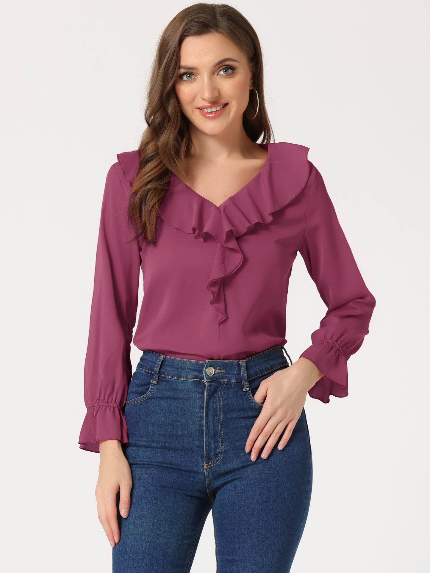 Blusa elegante con volantes para mujer, cuello en V, manga larga, informal, elegante