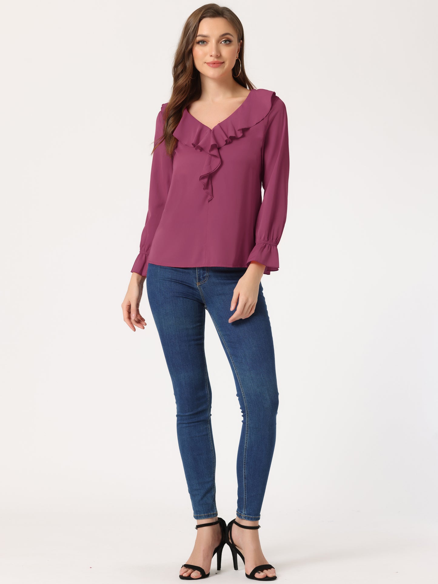 Blusa elegante con volantes para mujer, cuello en V, manga larga, informal, elegante