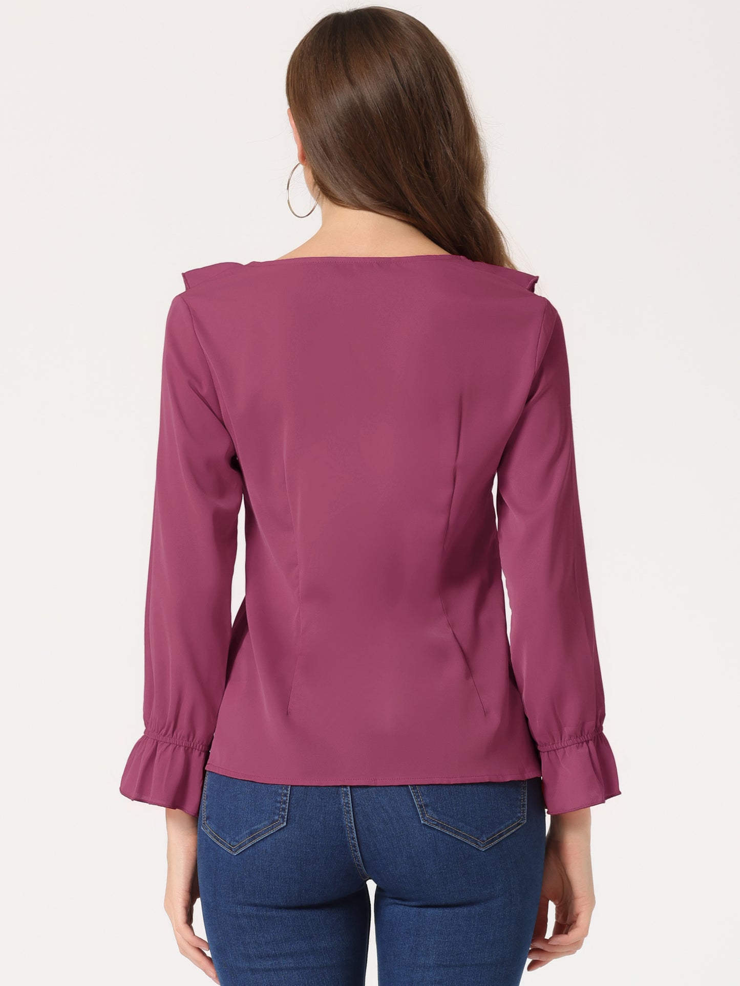 Blusa elegante con volantes para mujer, cuello en V, manga larga, informal, elegante