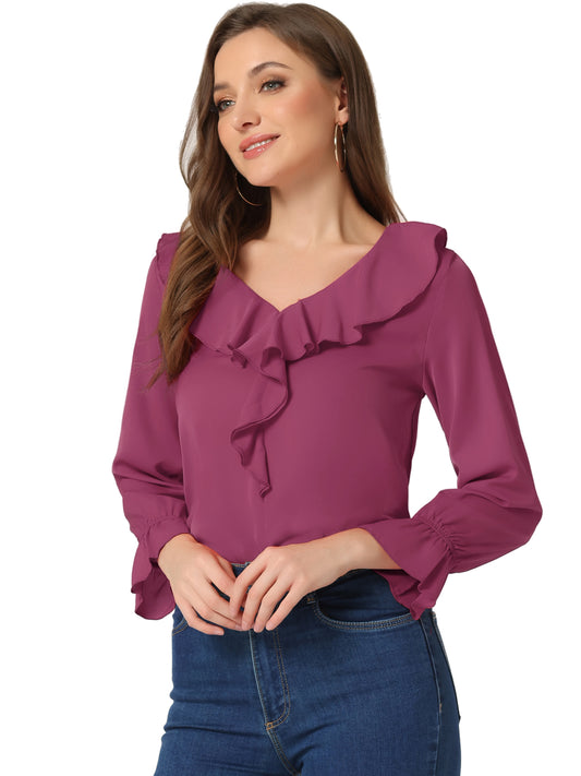 Women's Ruffle Blouse Elegant V Neck Long Sleeve Casual Dressy Top