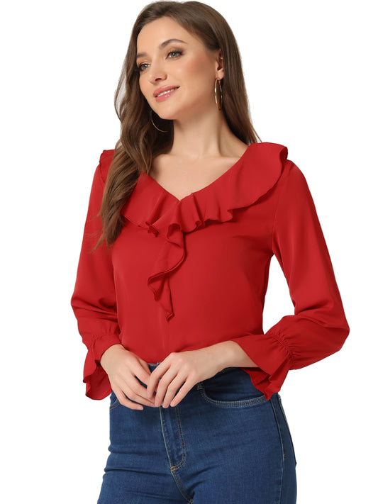 Blusa elegante con volantes para mujer, cuello en V, manga larga, informal, elegante