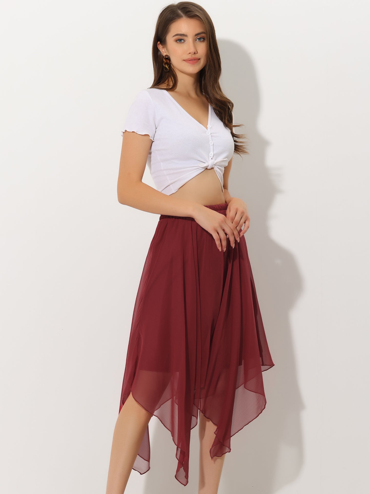 Falda midi de gasa con cintura elástica y dobladillo asimétrico para mujer, estilo vintage, estilo pañuelo