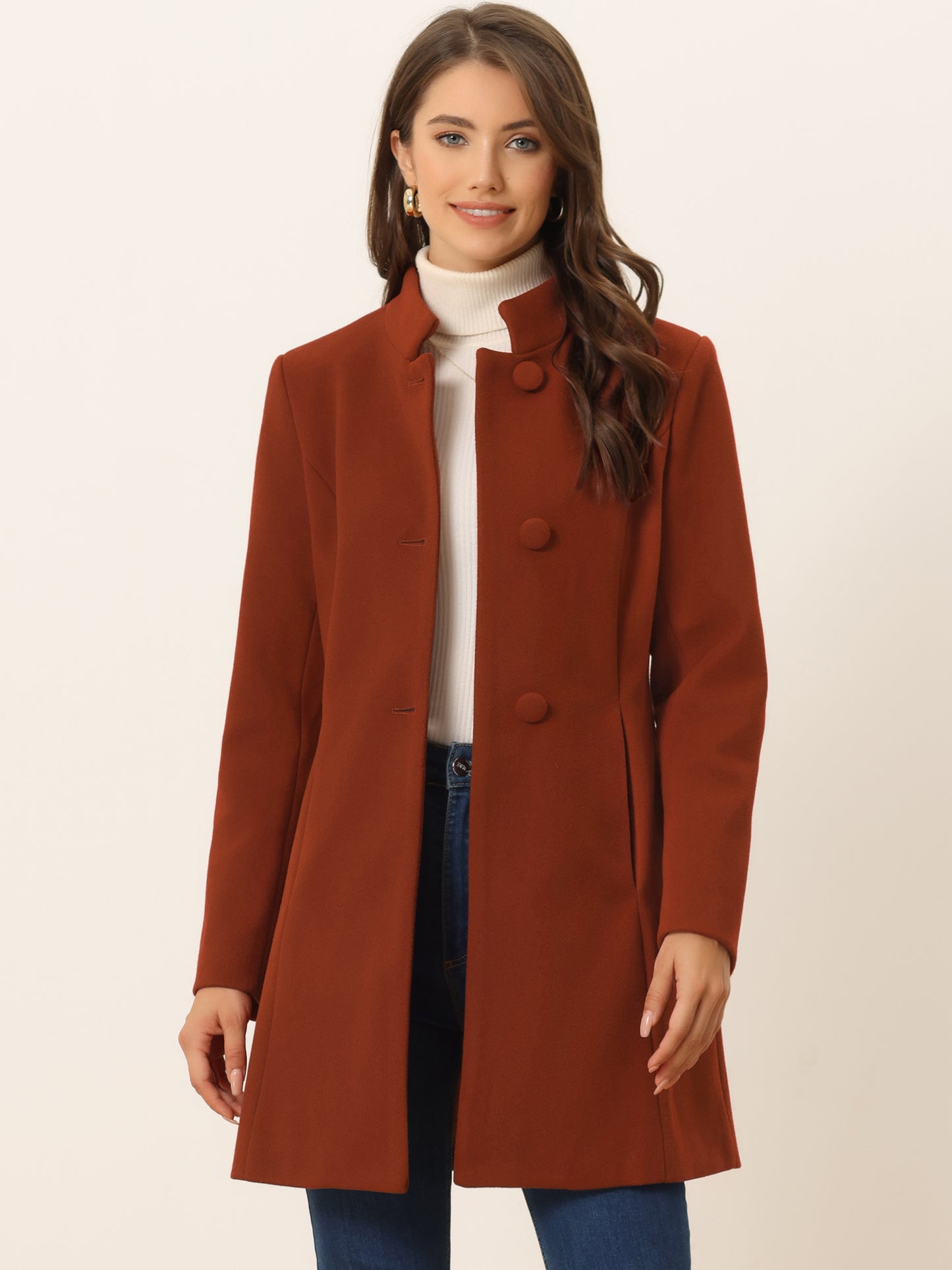 Women's Winter Overcoat Mid-Long Stand Collar Single Breasted Coat Outerwear, Deep Colors