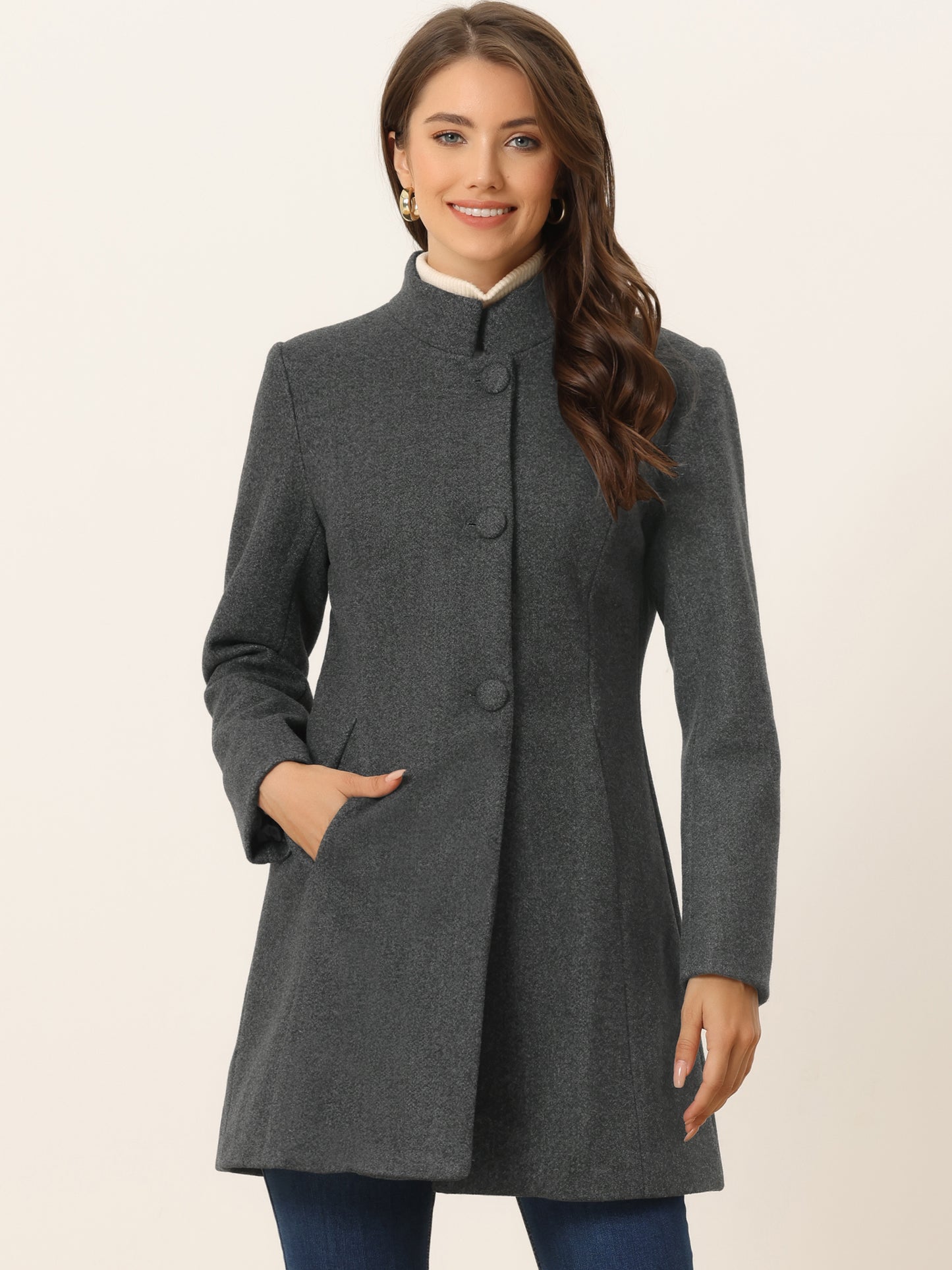 Women's Winter Overcoat Mid-Long Stand Collar Single Breasted Coat Outerwear, Deep Colors