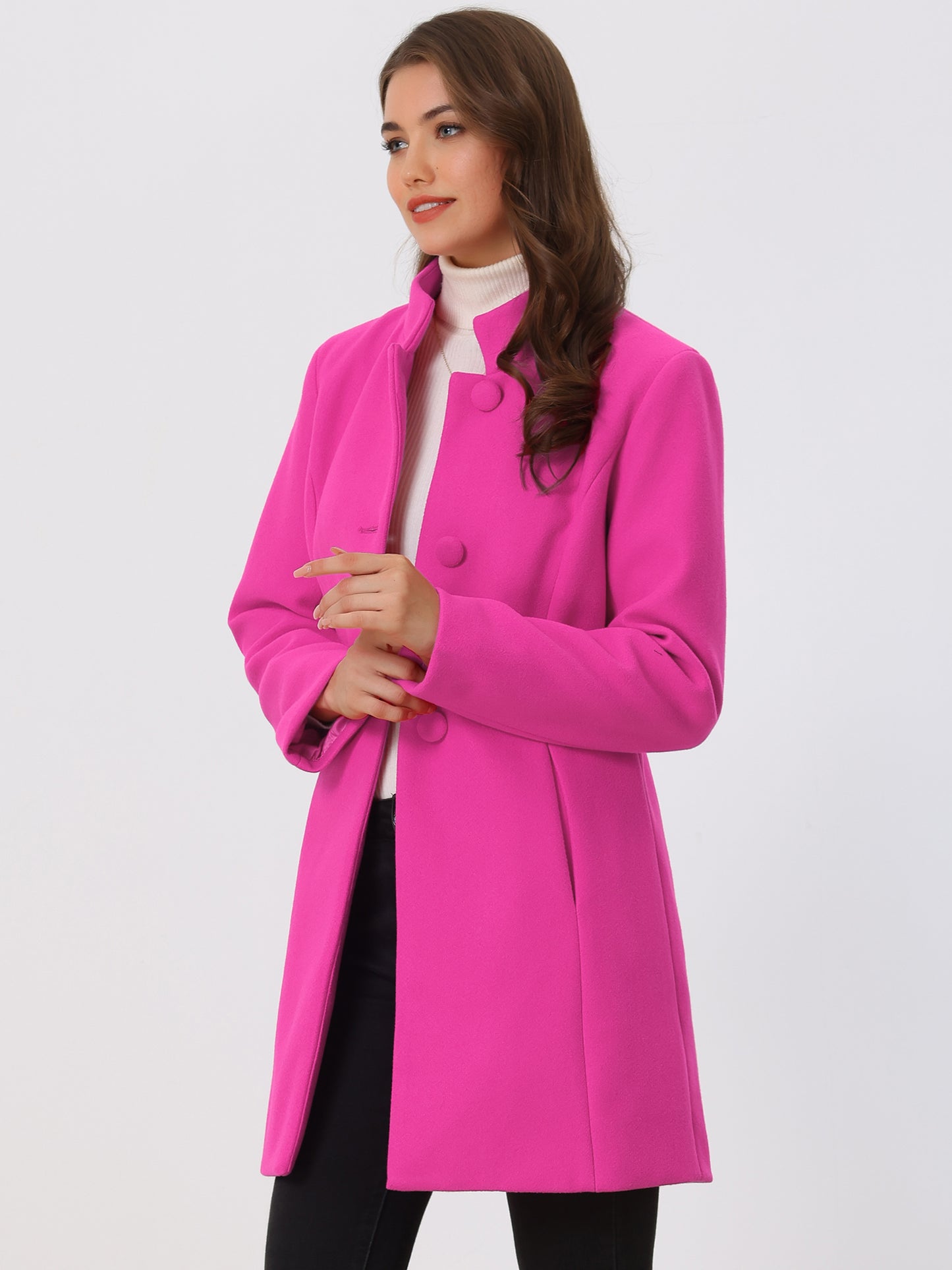 Women's Winter Overcoat Mid-Long Stand Collar Single Breasted Coat Outerwear, Light Colors