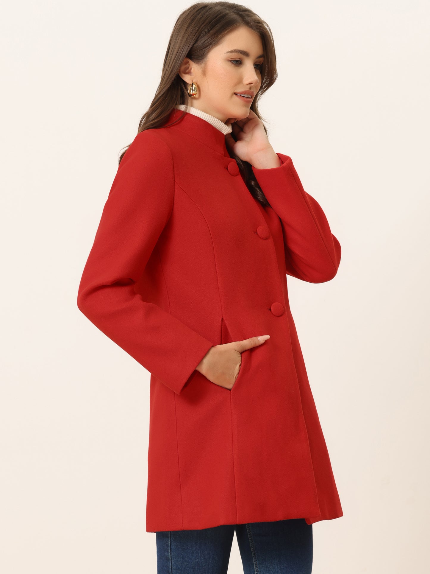 Women's Winter Overcoat Mid-Long Stand Collar Single Breasted Coat Outerwear, Deep Colors