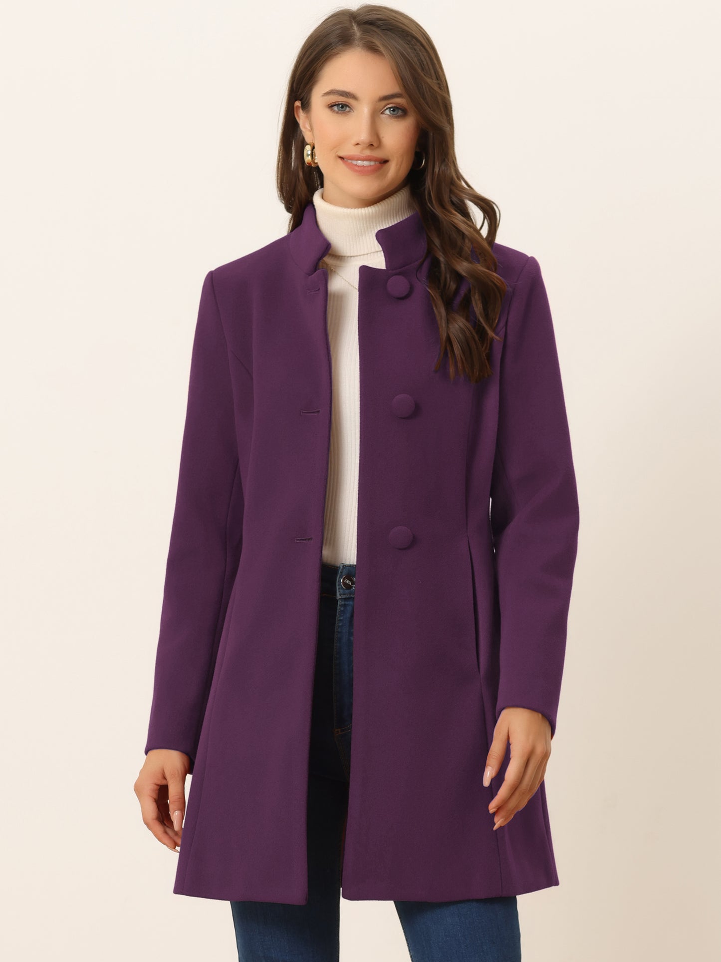 Women's Winter Overcoat Mid-Long Stand Collar Single Breasted Coat Outerwear, Deep Colors