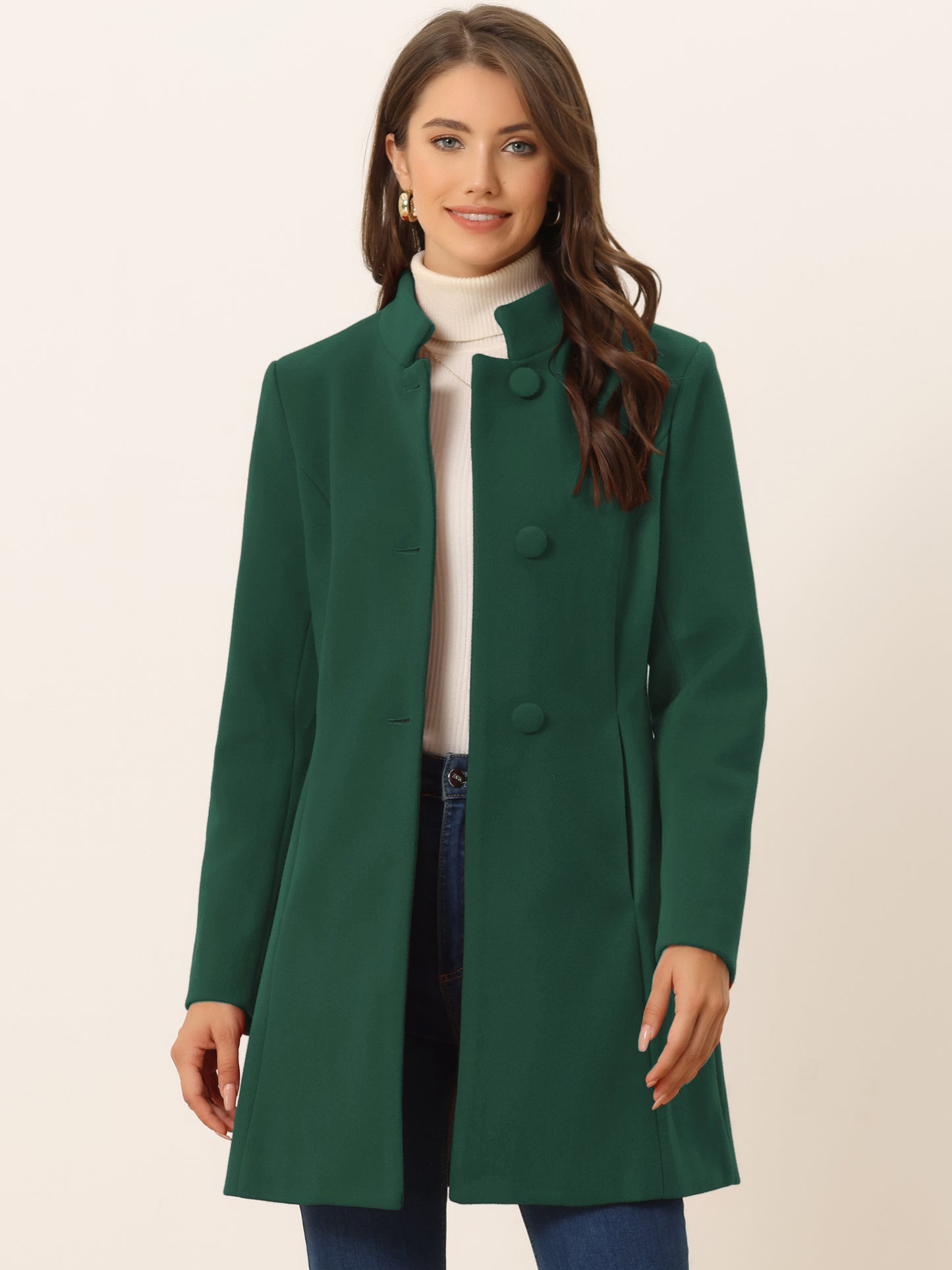 Women's Winter Overcoat Mid-Long Stand Collar Single Breasted Coat Outerwear, Deep Colors