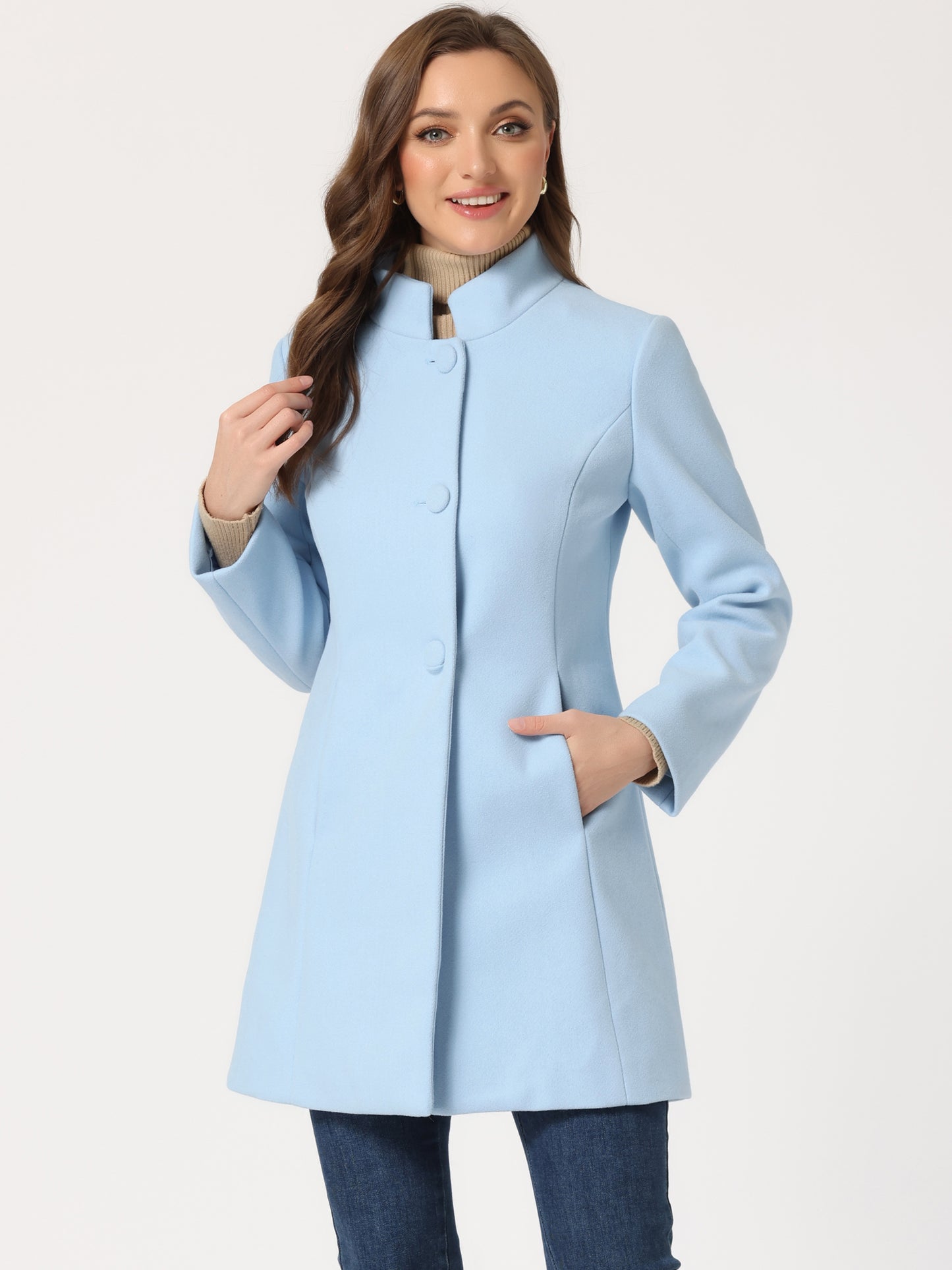 Women's Winter Overcoat Mid-Long Stand Collar Single Breasted Coat Outerwear, Light Colors