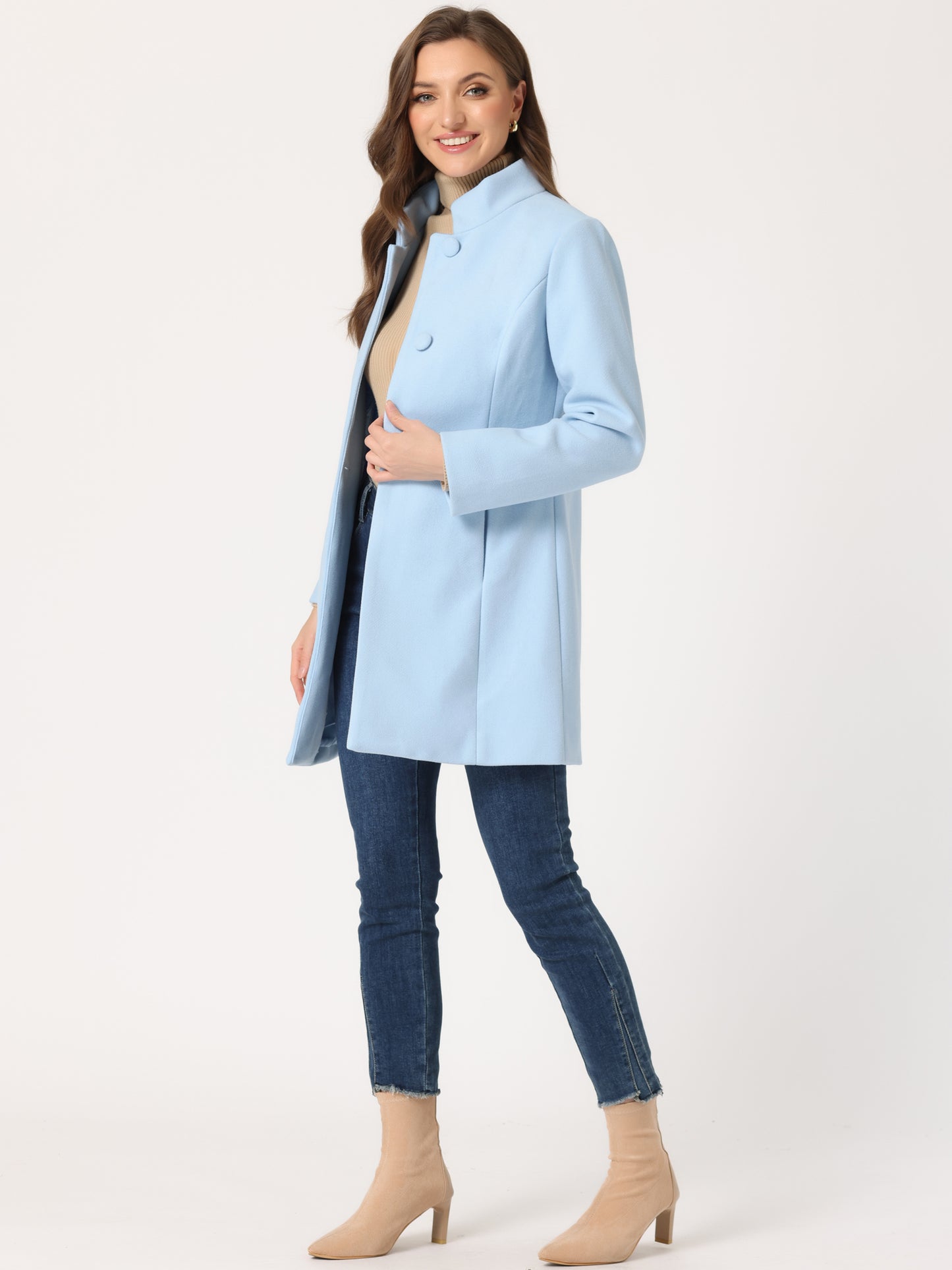 Women's Winter Overcoat Mid-Long Stand Collar Single Breasted Coat Outerwear, Light Colors