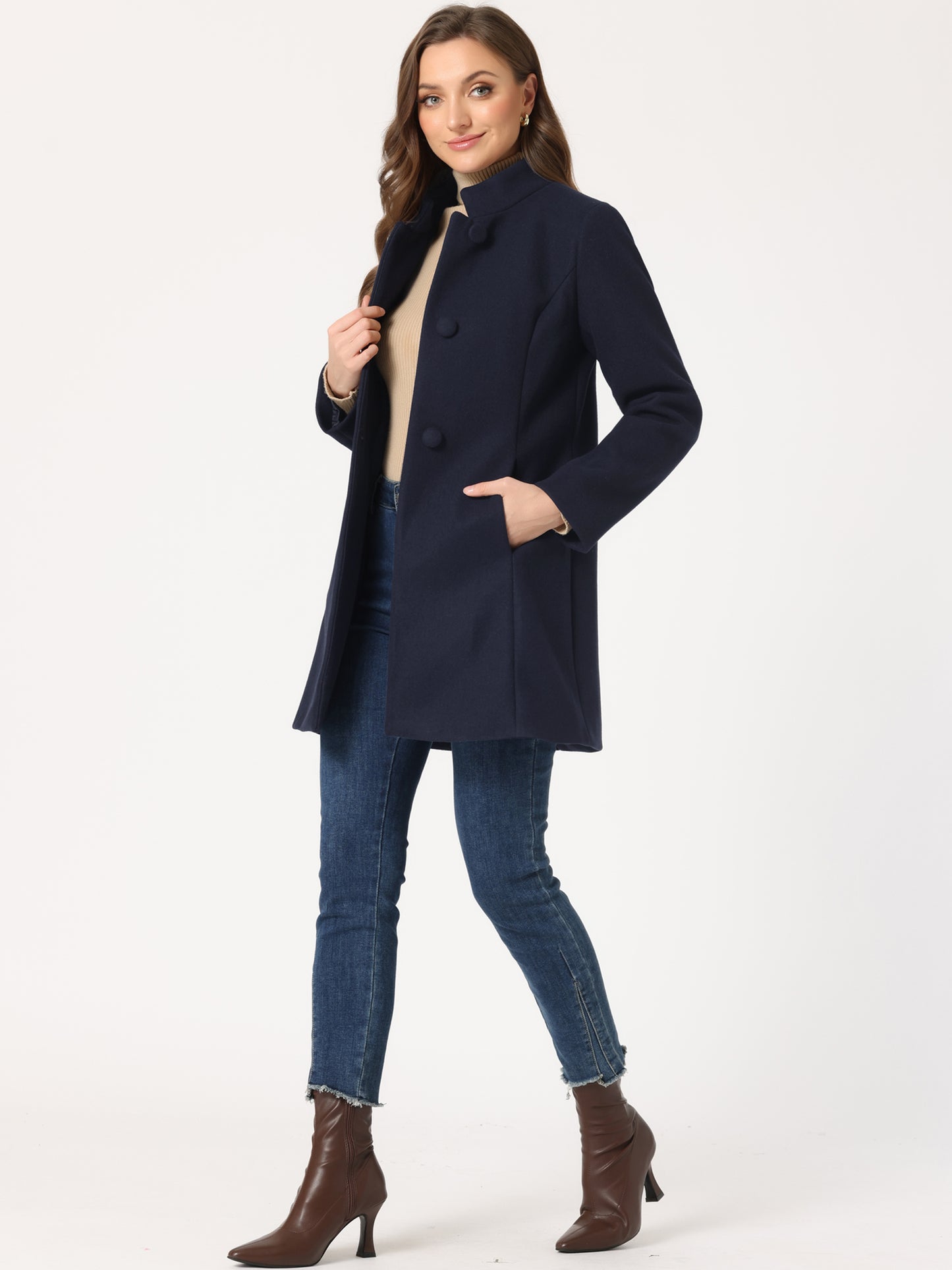 Women's Winter Overcoat Mid-Long Stand Collar Single Breasted Coat Outerwear, Deep Colors