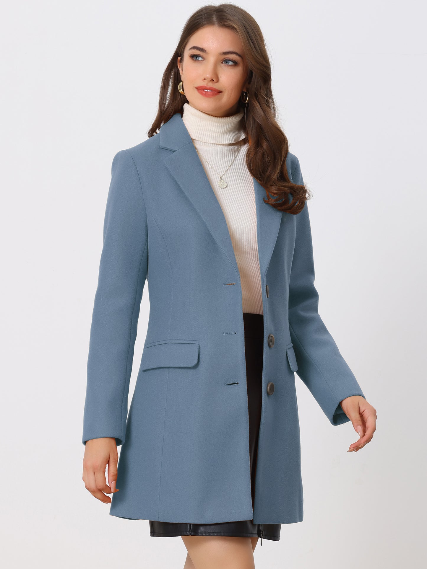 Allegra K Notched Lapel Single Breasted Outwear Winter Coat Light Dusty Blue