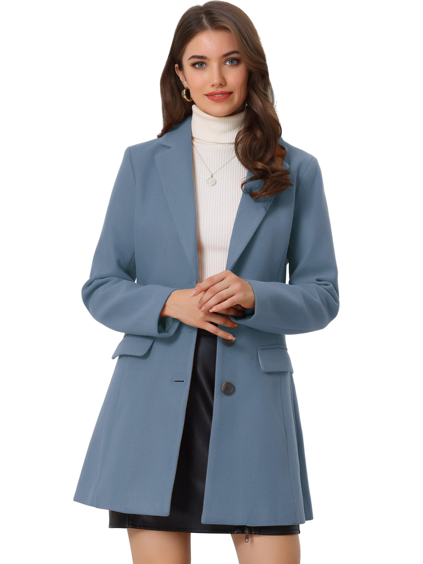 Allegra K Notched Lapel Single Breasted Outwear Winter Coat Light Dusty Blue