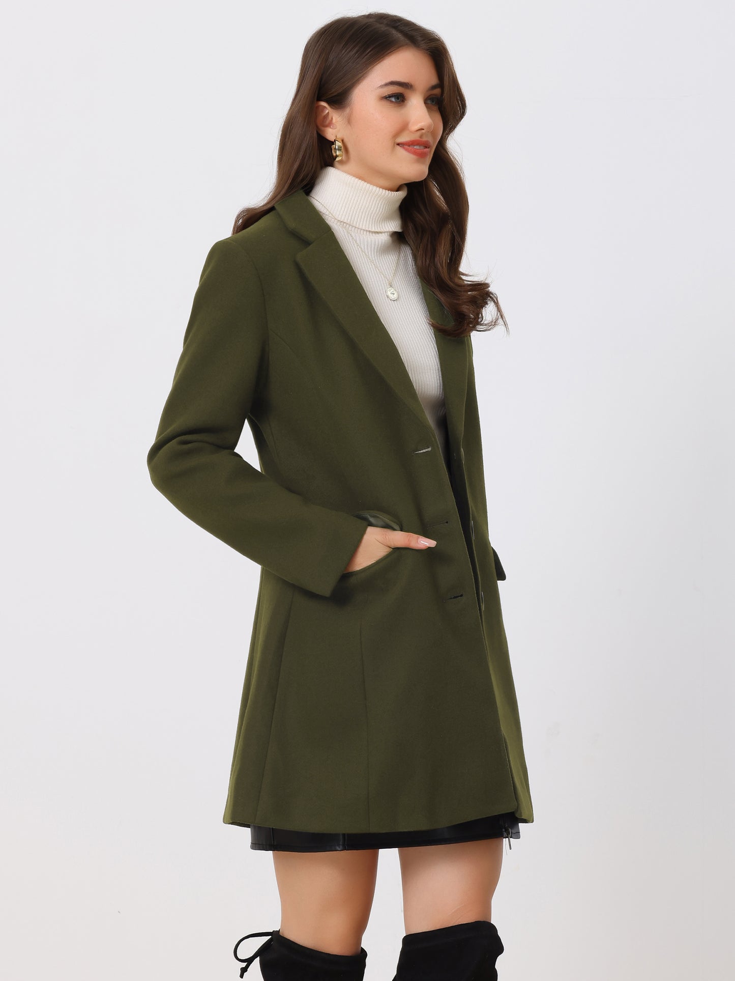 Allegra K Notched Lapel Single Breasted Outwear Winter Coat Olive Green