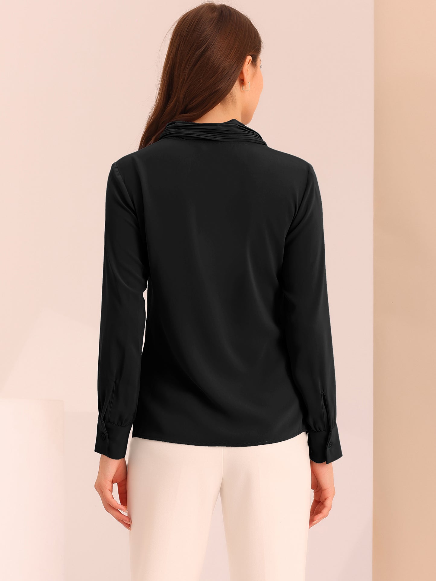 Women's Dressy Long Sleeve Chiffon Pleated Tie Neck Office Shirt (Available in Plus Size)
