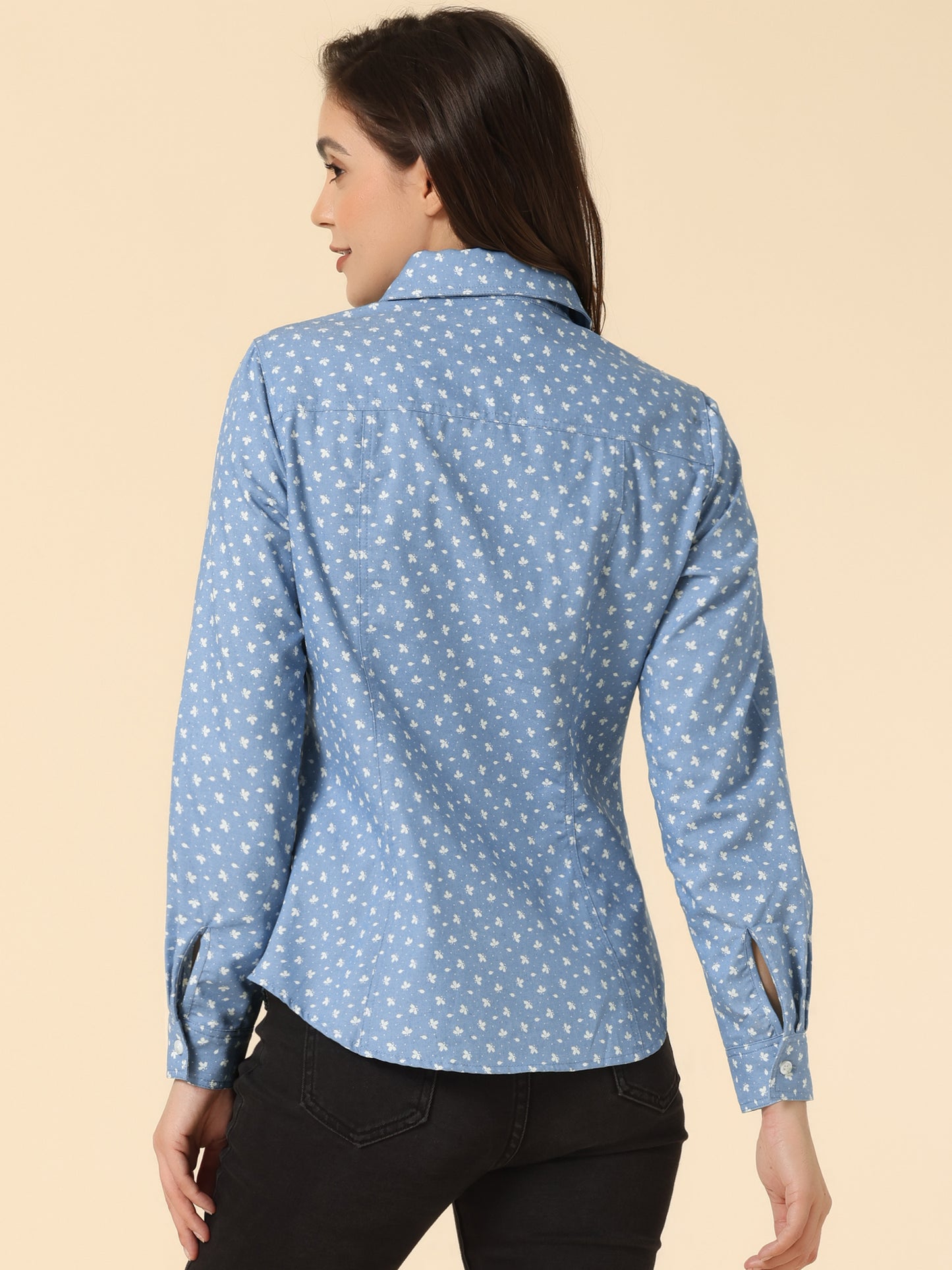 Women's Long Sleeve Point Collar Chambray Poplin Button Down Denim Shirt