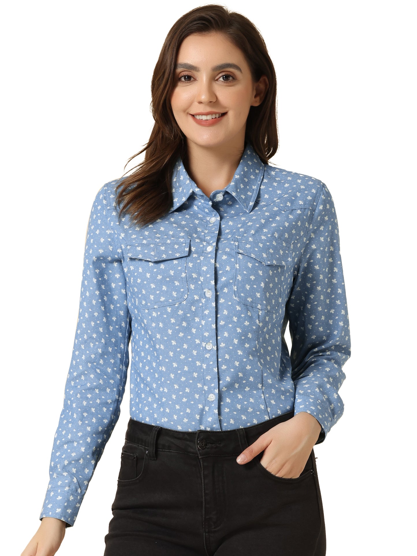 Women's Long Sleeve Point Collar Chambray Poplin Button Down Denim Shirt