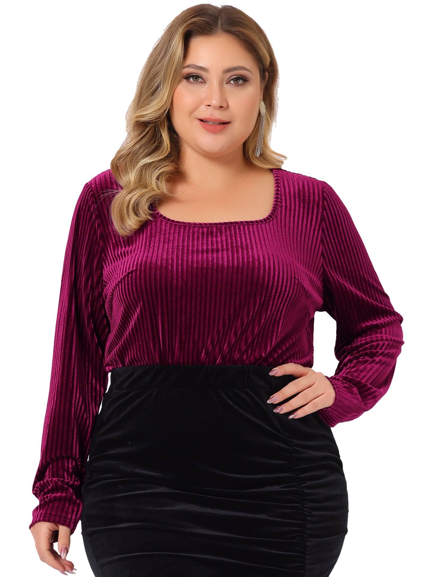 Women Plus Size Velvet Top Square Neck Pullover Long Sleeve Blouse Tunic