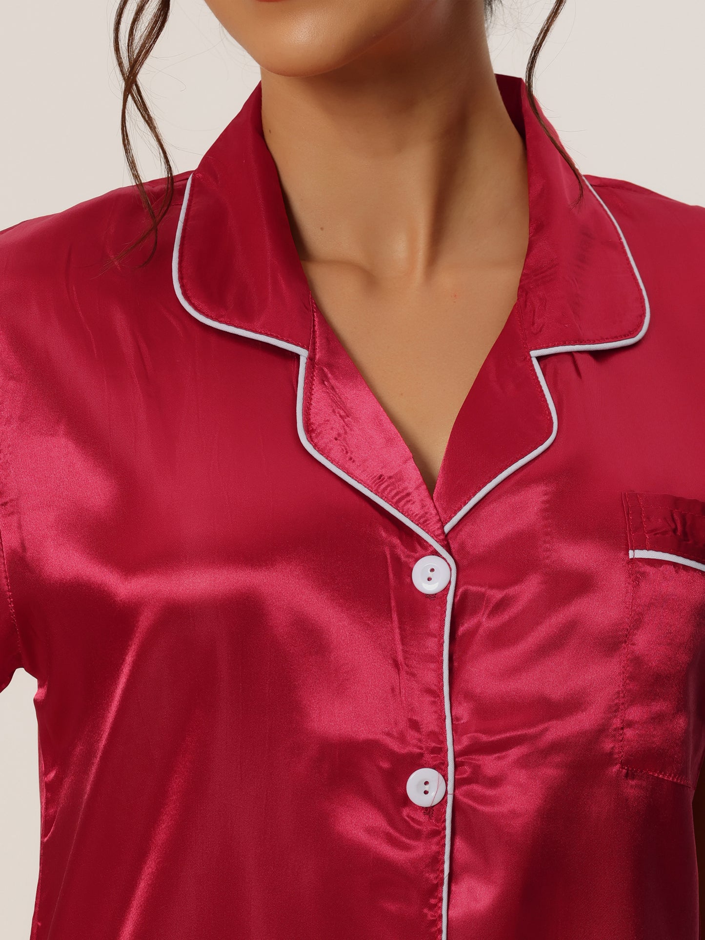 Women's Satin Pajamas Sleepwear Button Down Lounge Silk Pjs Set with Capri Pants