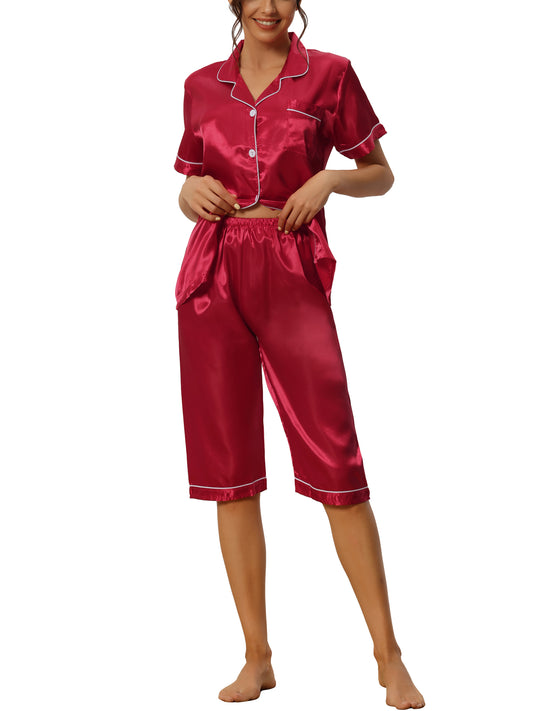 cheibear Pajama Loungewear Tops and Capri Pants Satin Sets Red