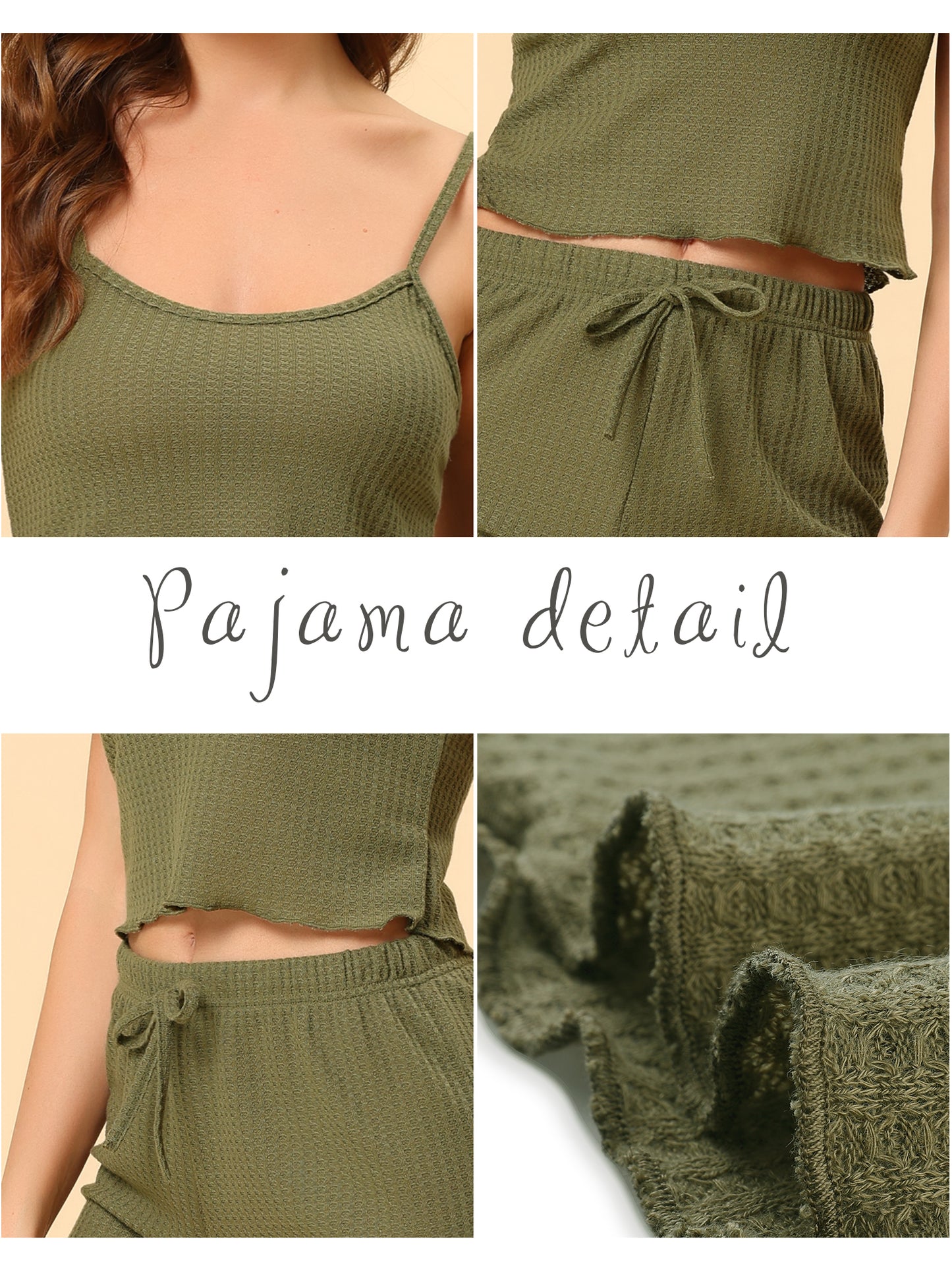 cheibear Pajama Sleeveless Crop Tank Tops and Shorts Strtechy 2pcs Lounge Set Green