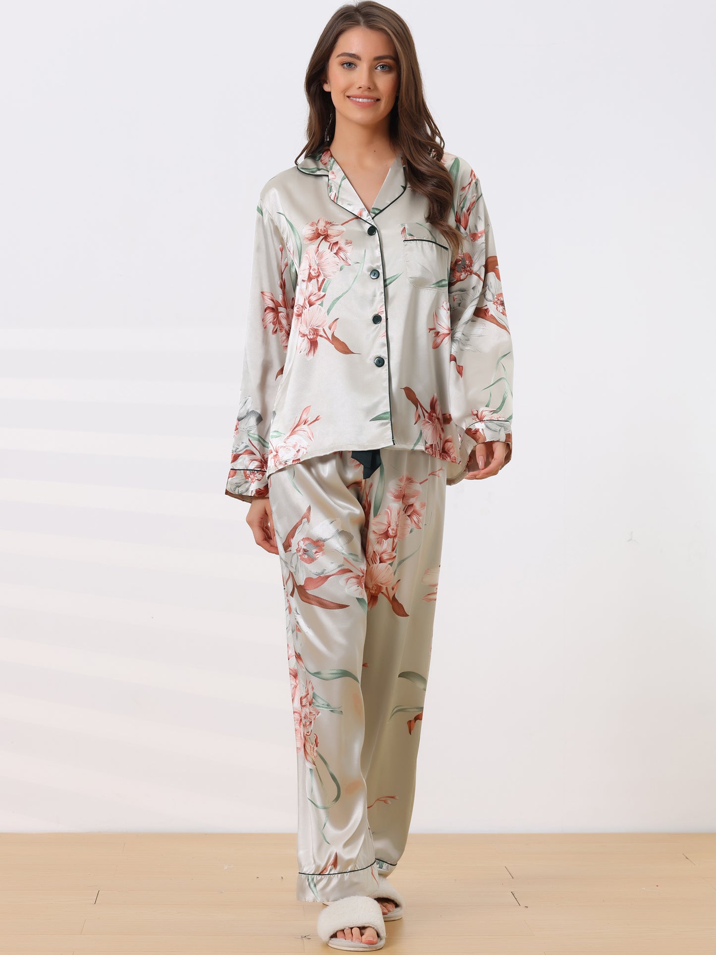 cheibear Pajama Sleep Shirt Nightwear Sleepwear Lounge Satin Pj Sets Gray