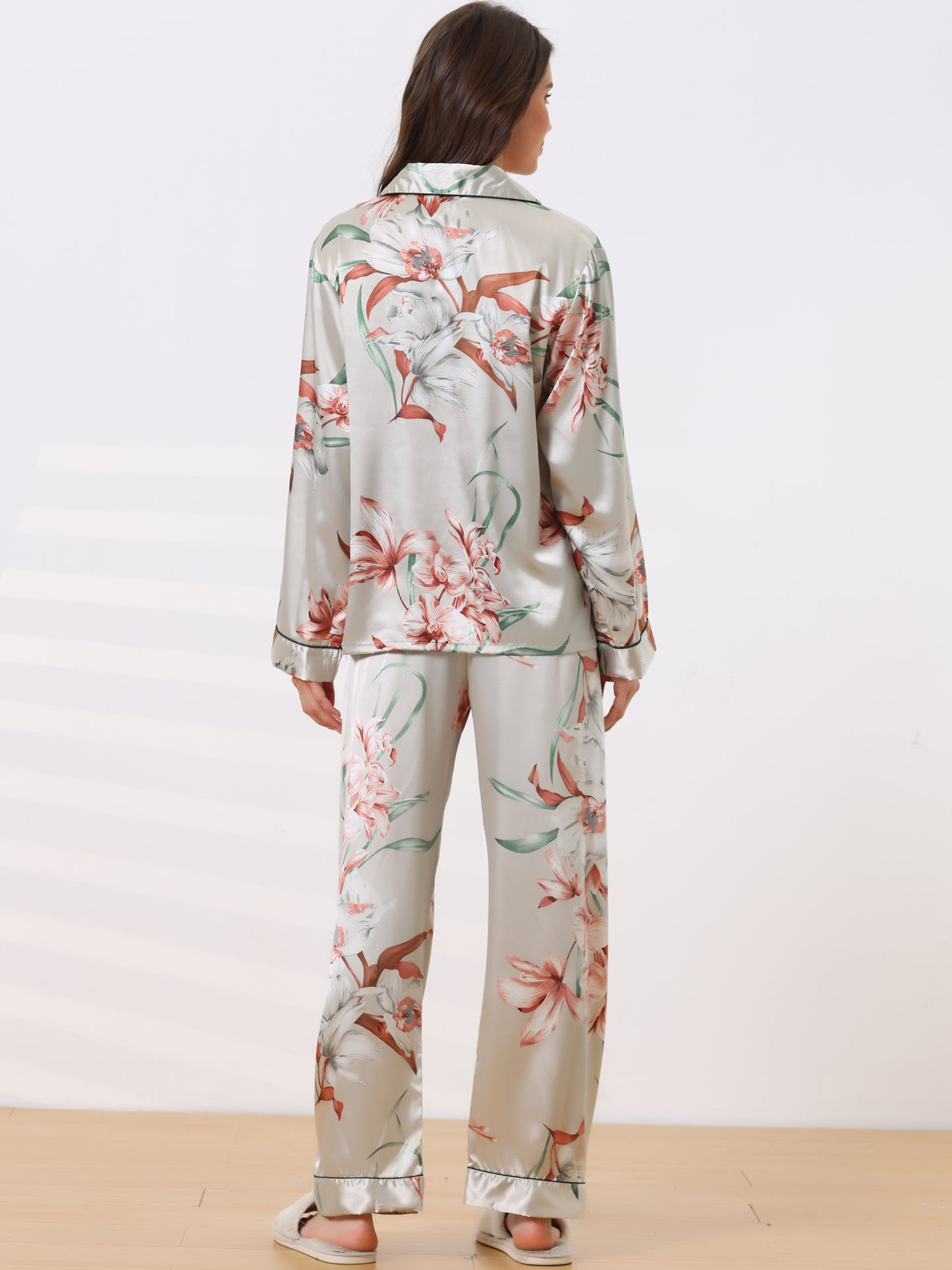 cheibear Pajama Sleep Shirt Nightwear Sleepwear Lounge Satin Pj Sets Gray