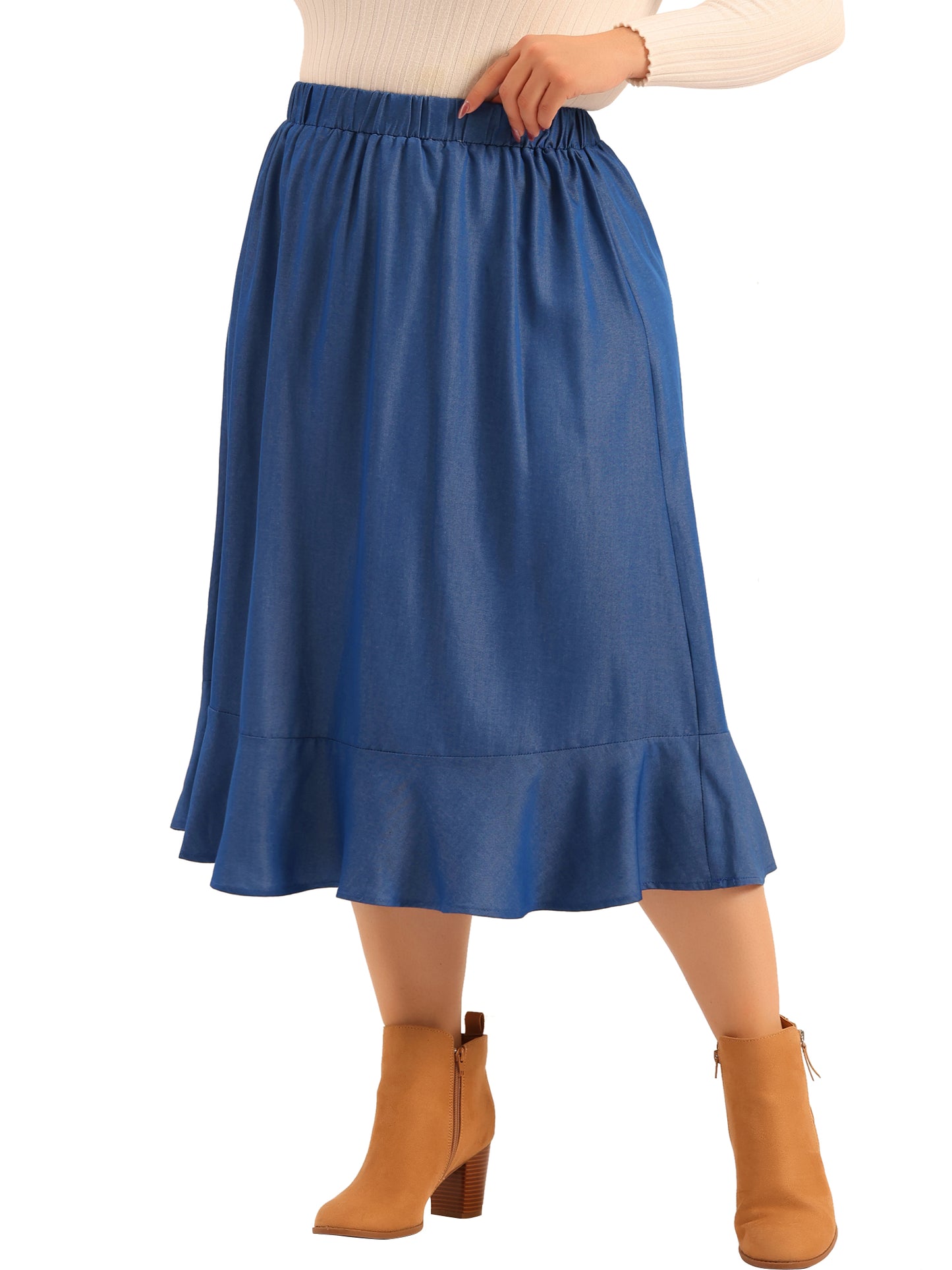 Women Plus Size Skirt Elastic Waist Ruffle Hem Chambray Midi Skirt