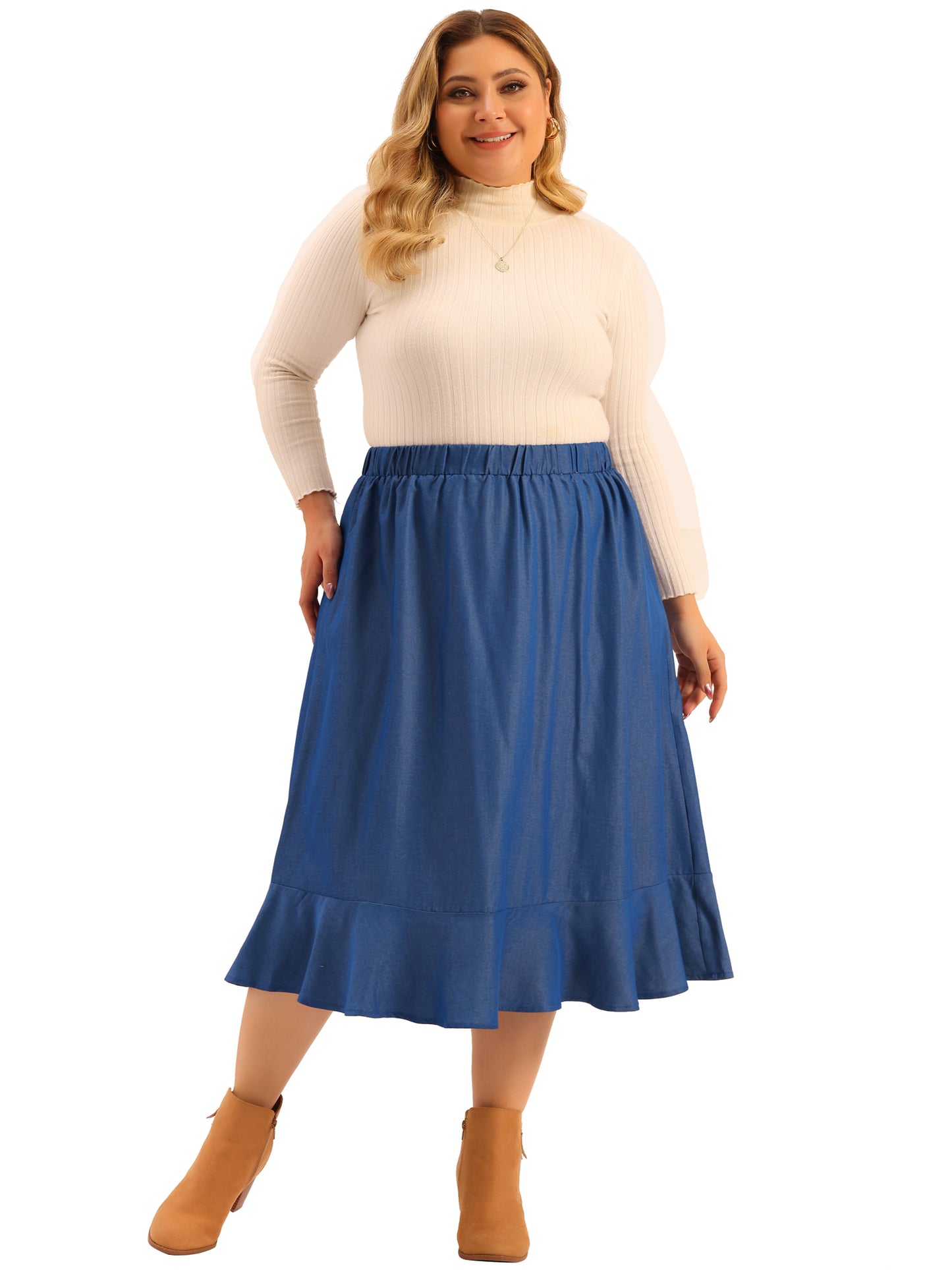 Women Plus Size Skirt Elastic Waist Ruffle Hem Chambray Midi Skirt